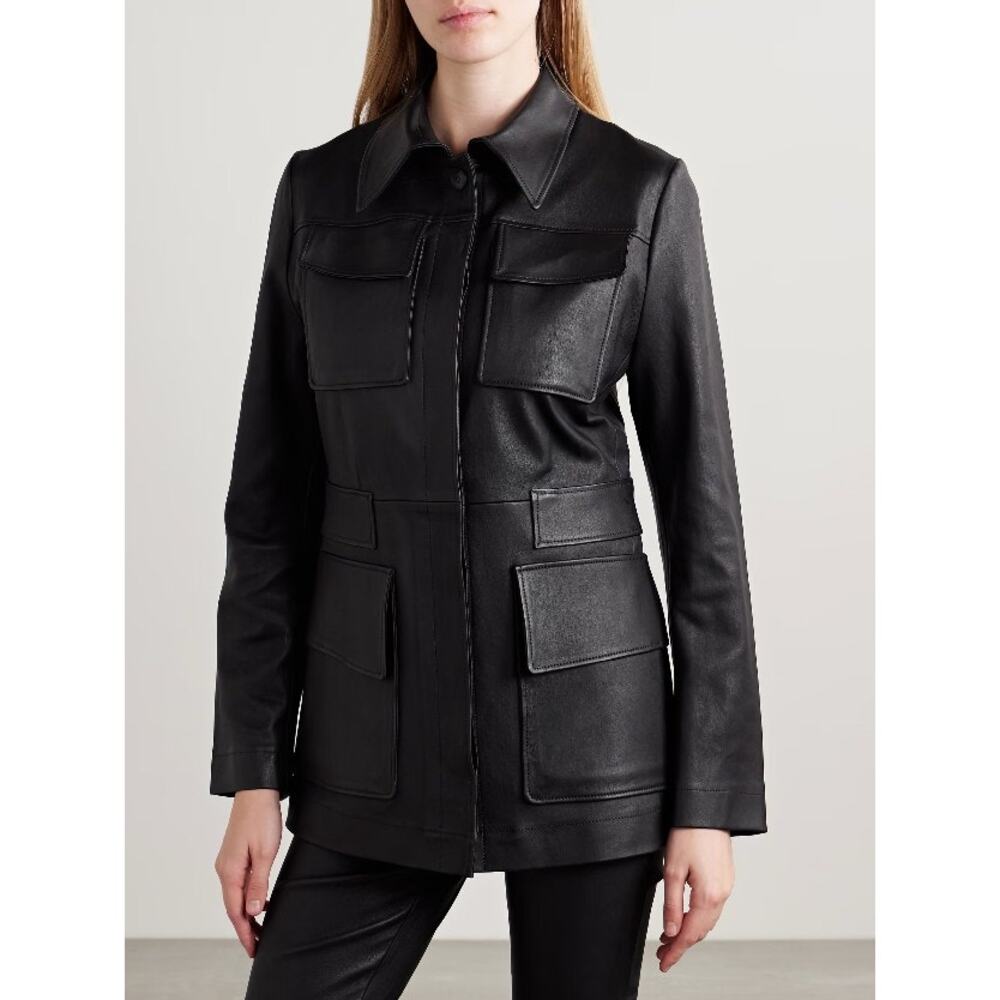 Stouls Paris Black Leon Utility Slim Fit Button Front Leather Jacket Womens XS